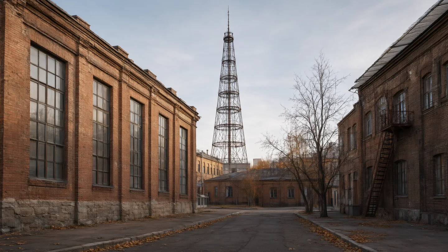 Кирпичные здания и ажурная башня